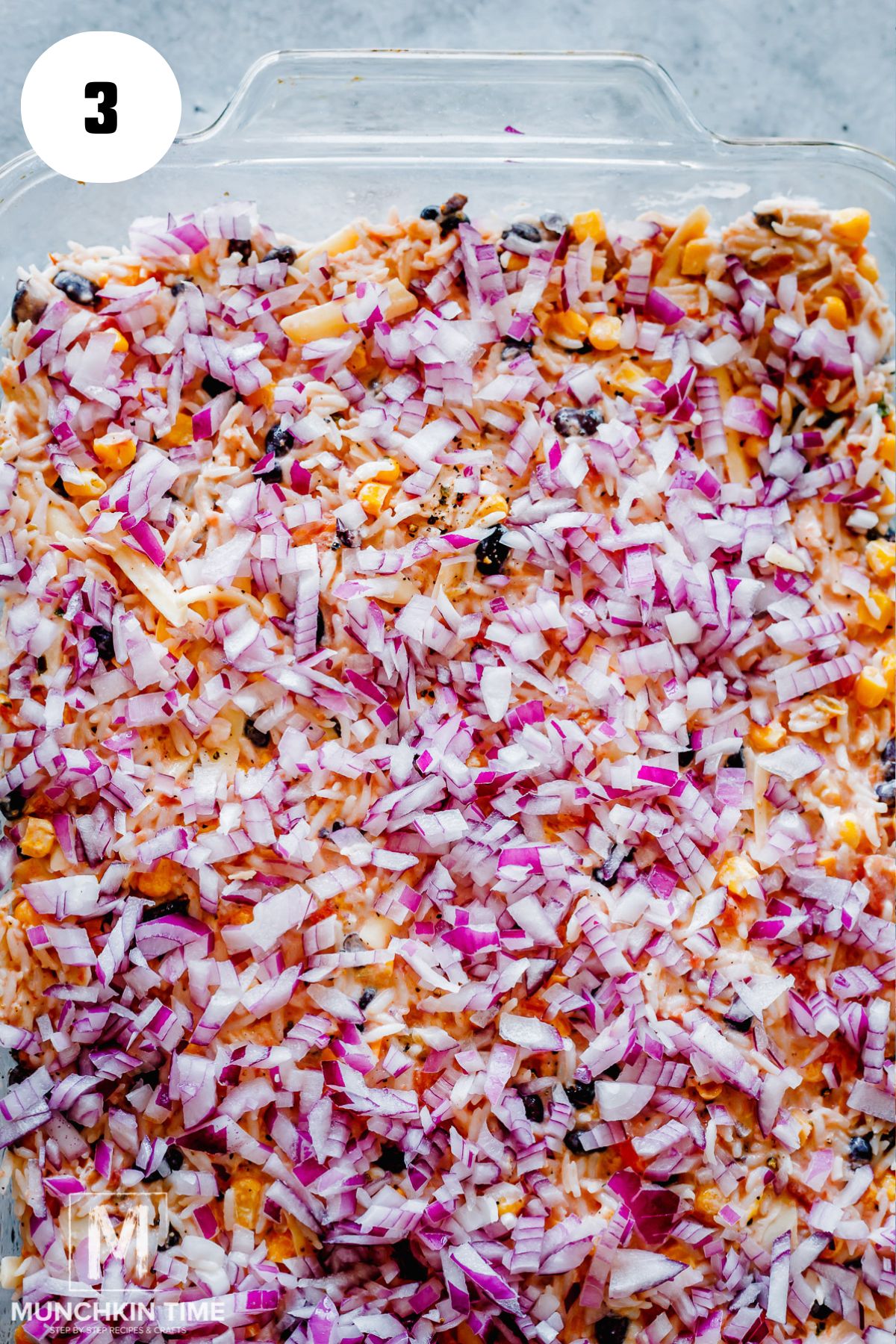 red onion added to the Mexican casserole.