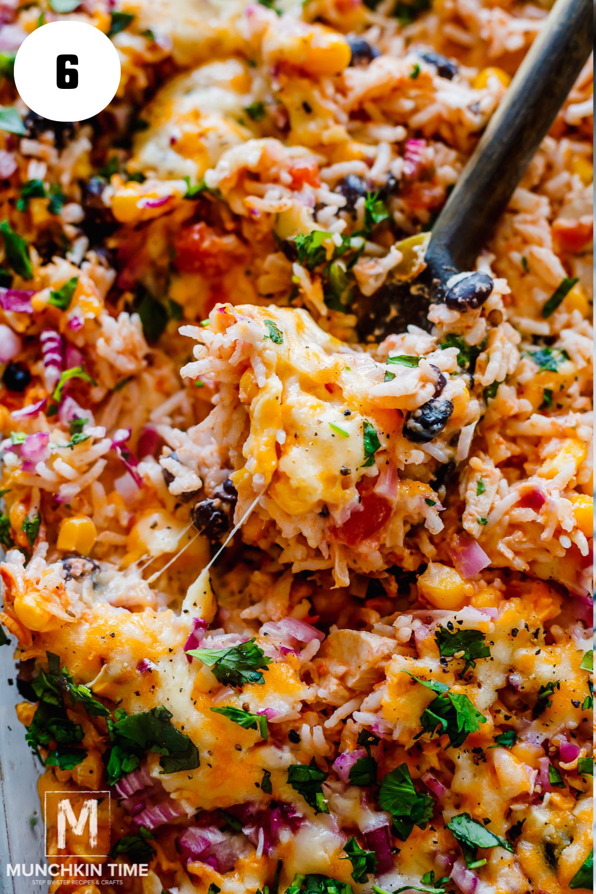 a close up look of Mexican chicken and rice casserole after is it done baking.