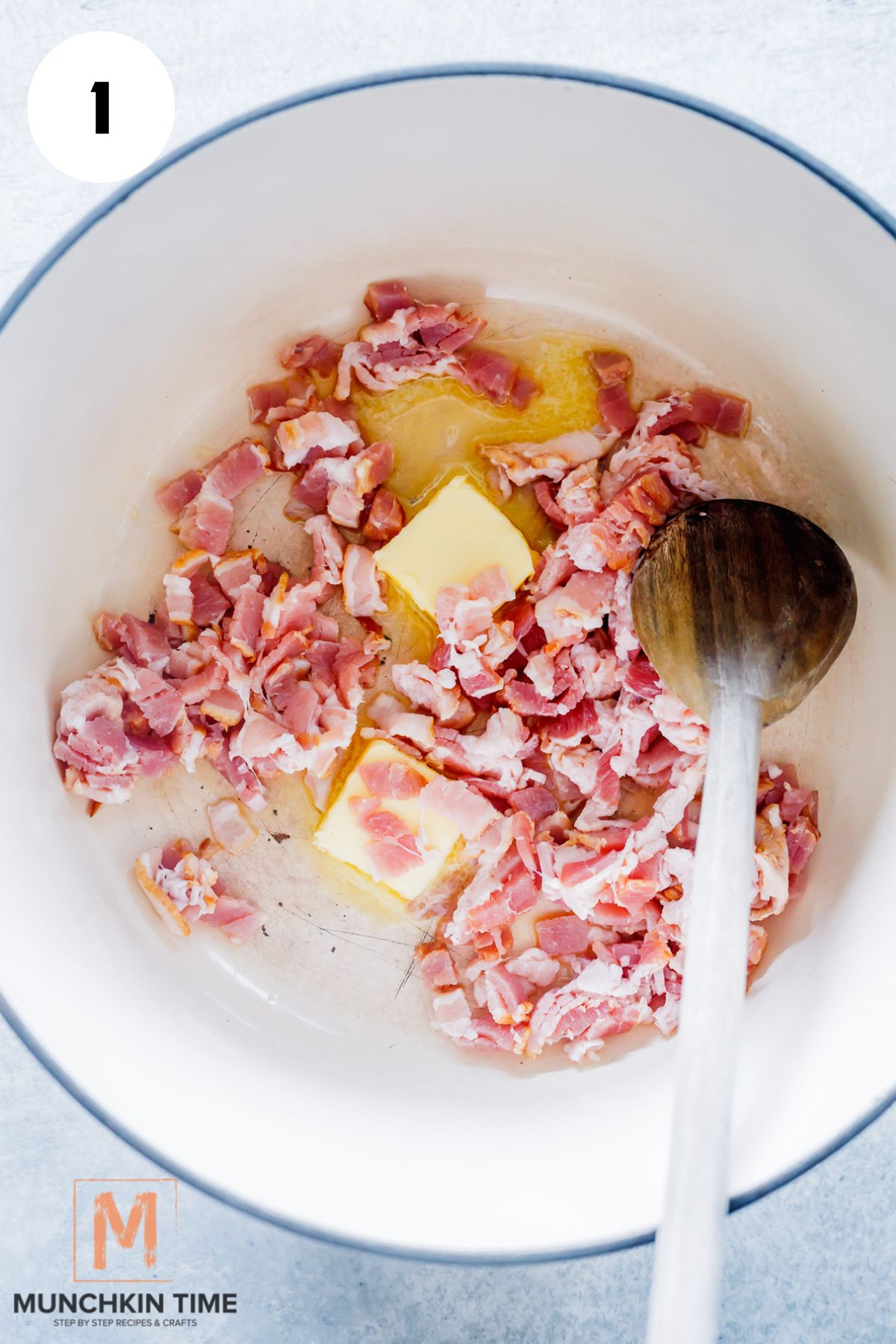 butter and bacon in a pot.