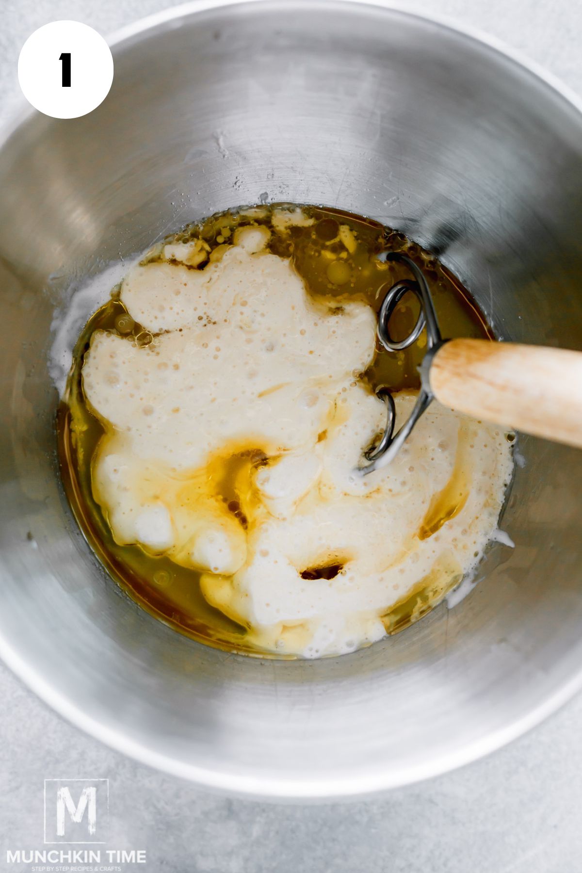 In a large bowl or the bowl of a stand mixer, mix the starter, water, oil, sugar, and egg.