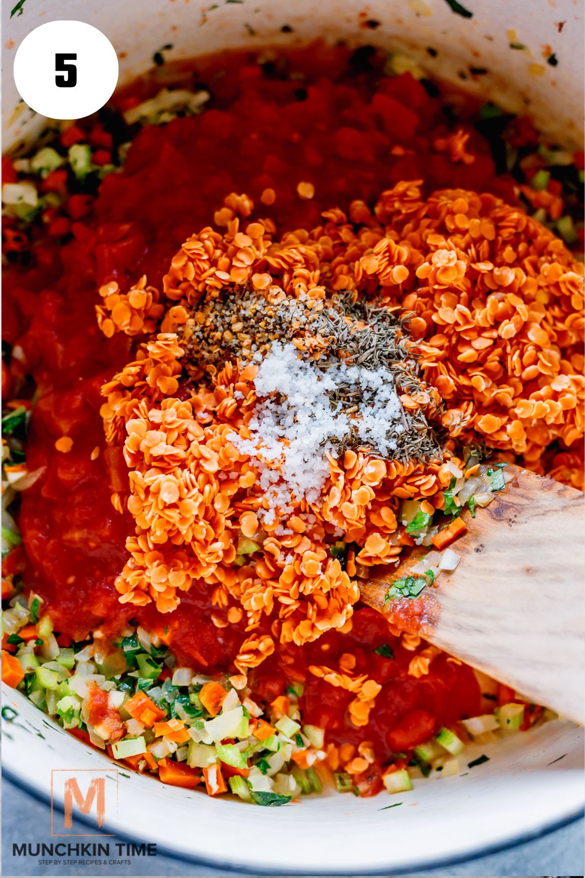 tomatoes, lentil and spices added to the soup.