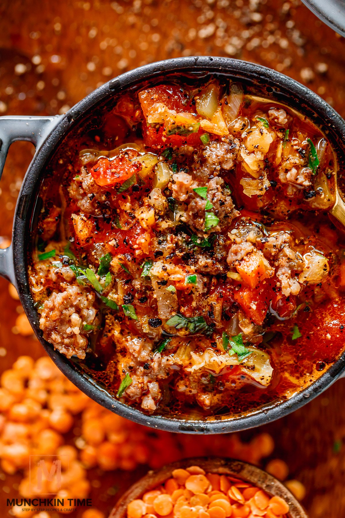 Italian Sausage Lentil Soup in a mini pot.