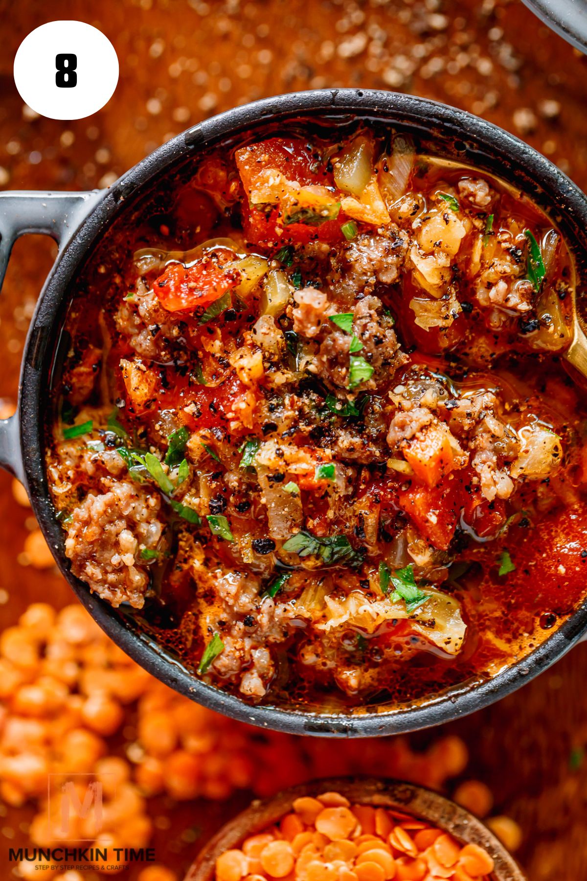 Italian Sausage Lentil Soup served in a mini pot.