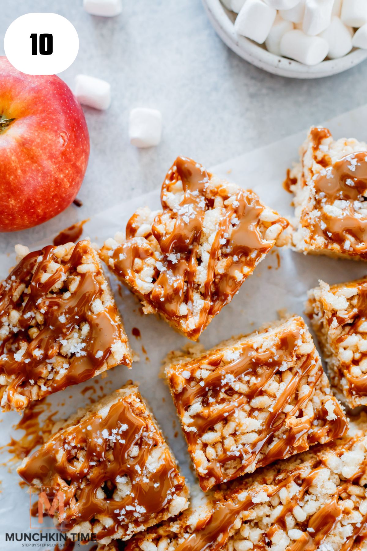 Salted Caramel Rice Krispie Treats cut into squares.