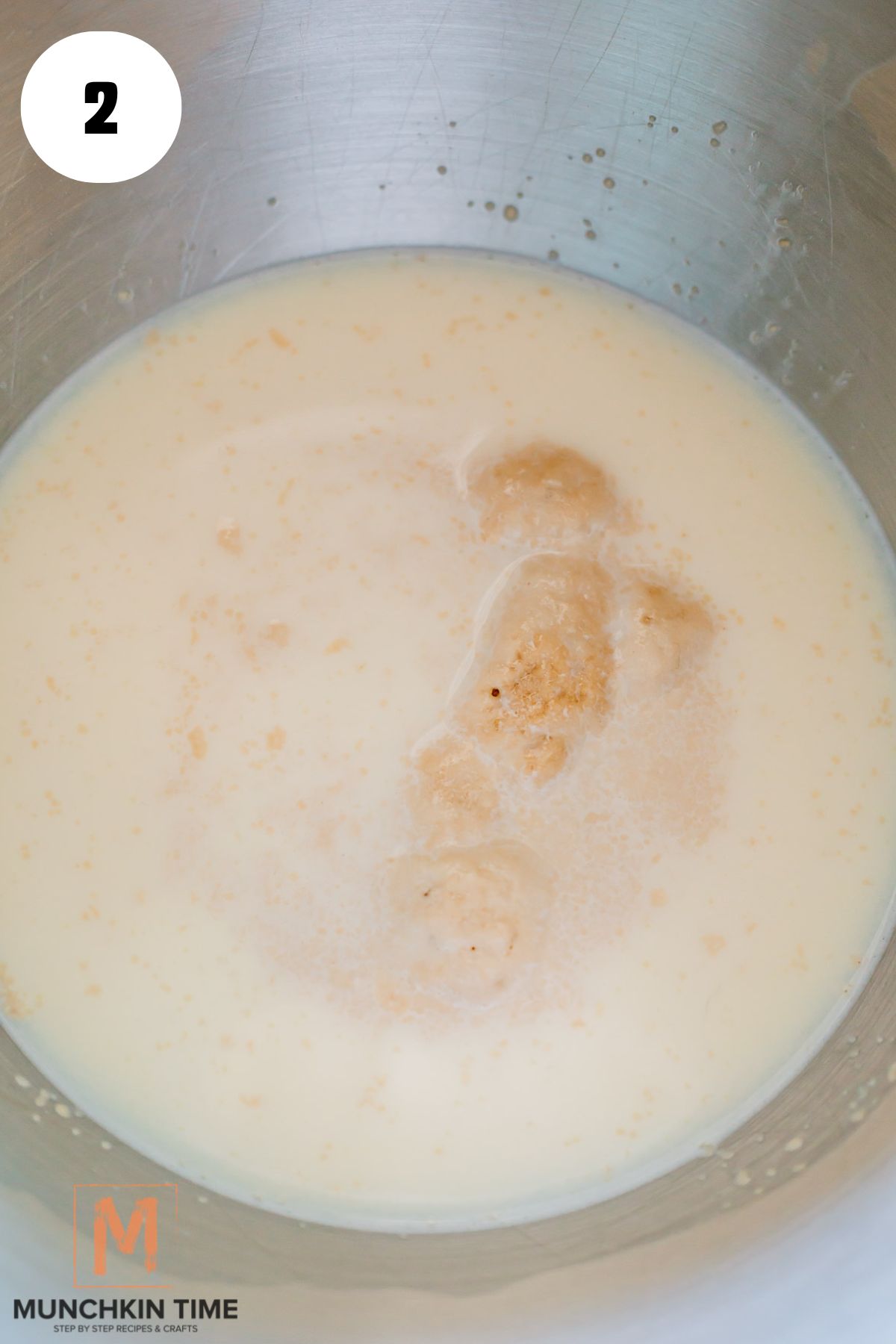 dry active yeast blooming in a bowl with milk and sugar.