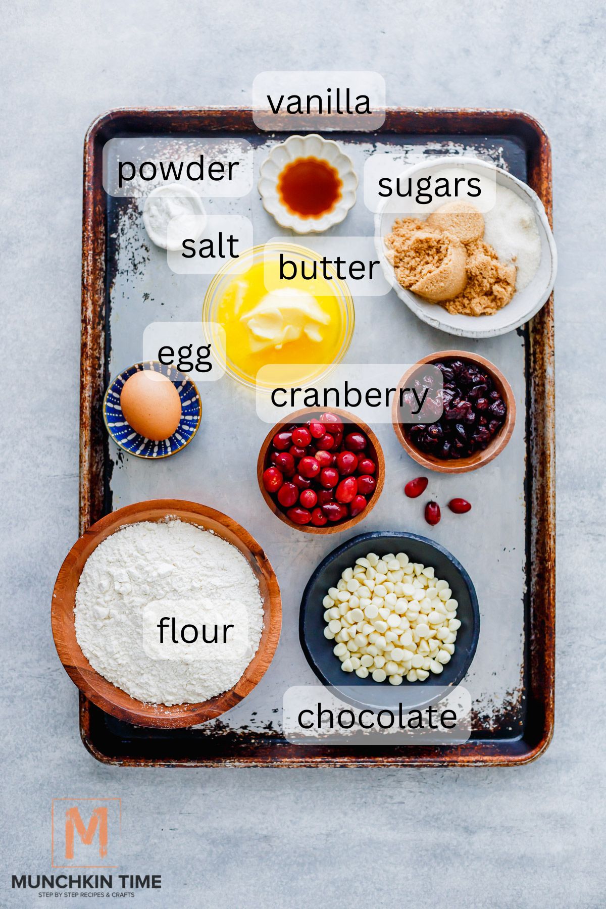 Ingredients for Chewy White Chocolate Cranberry Cookies