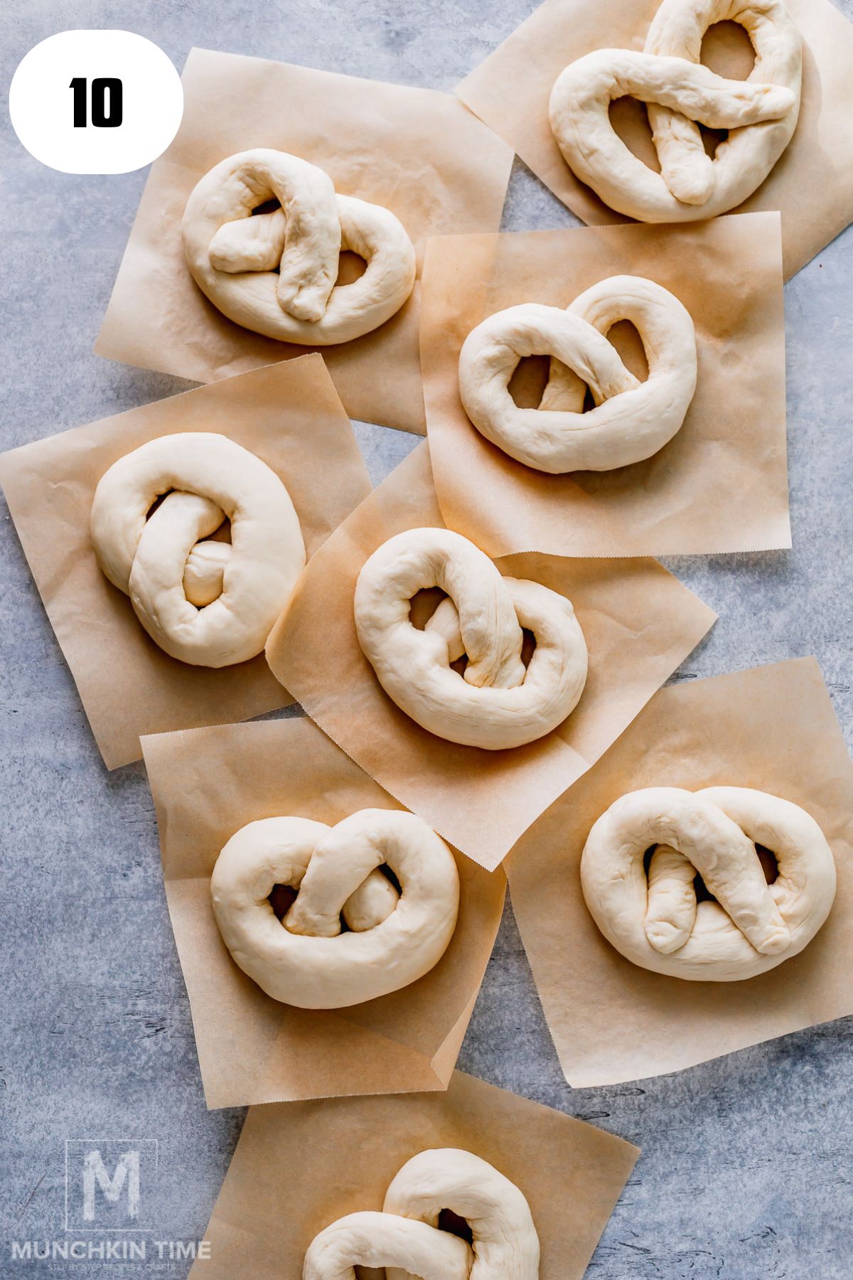 8 pretzels ready for baking.