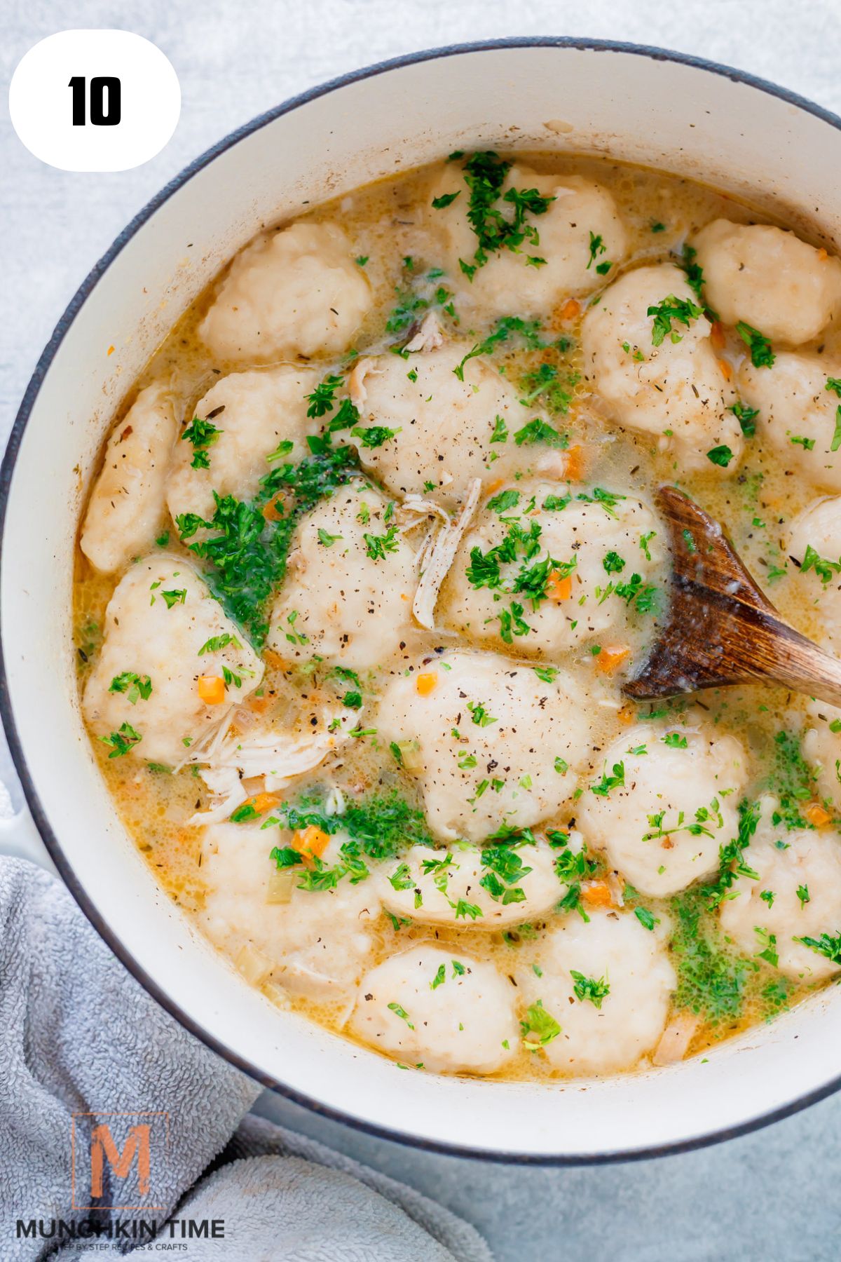shredded chicken and parsley added to the stew with dumplings.