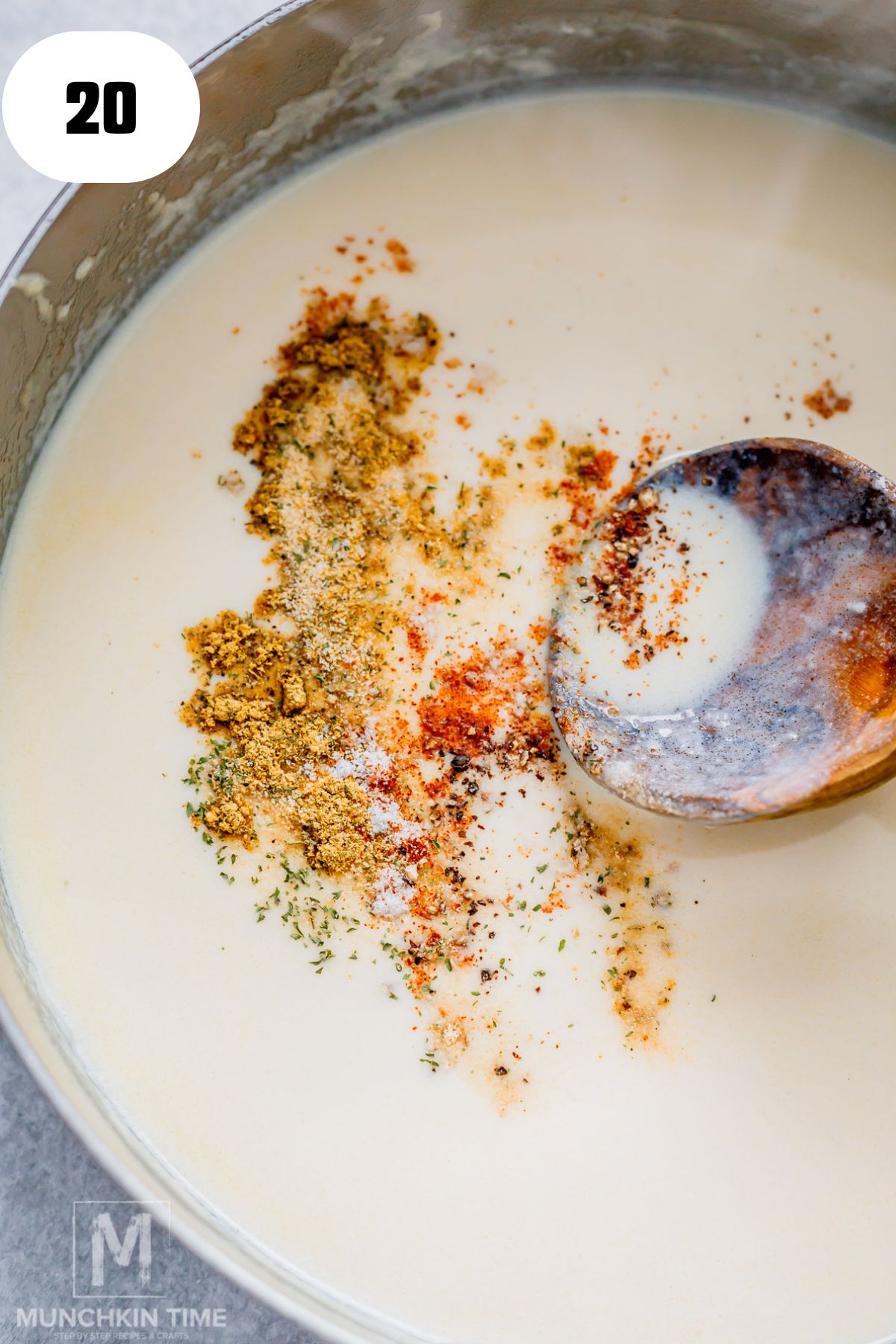 spices added into the skillet.