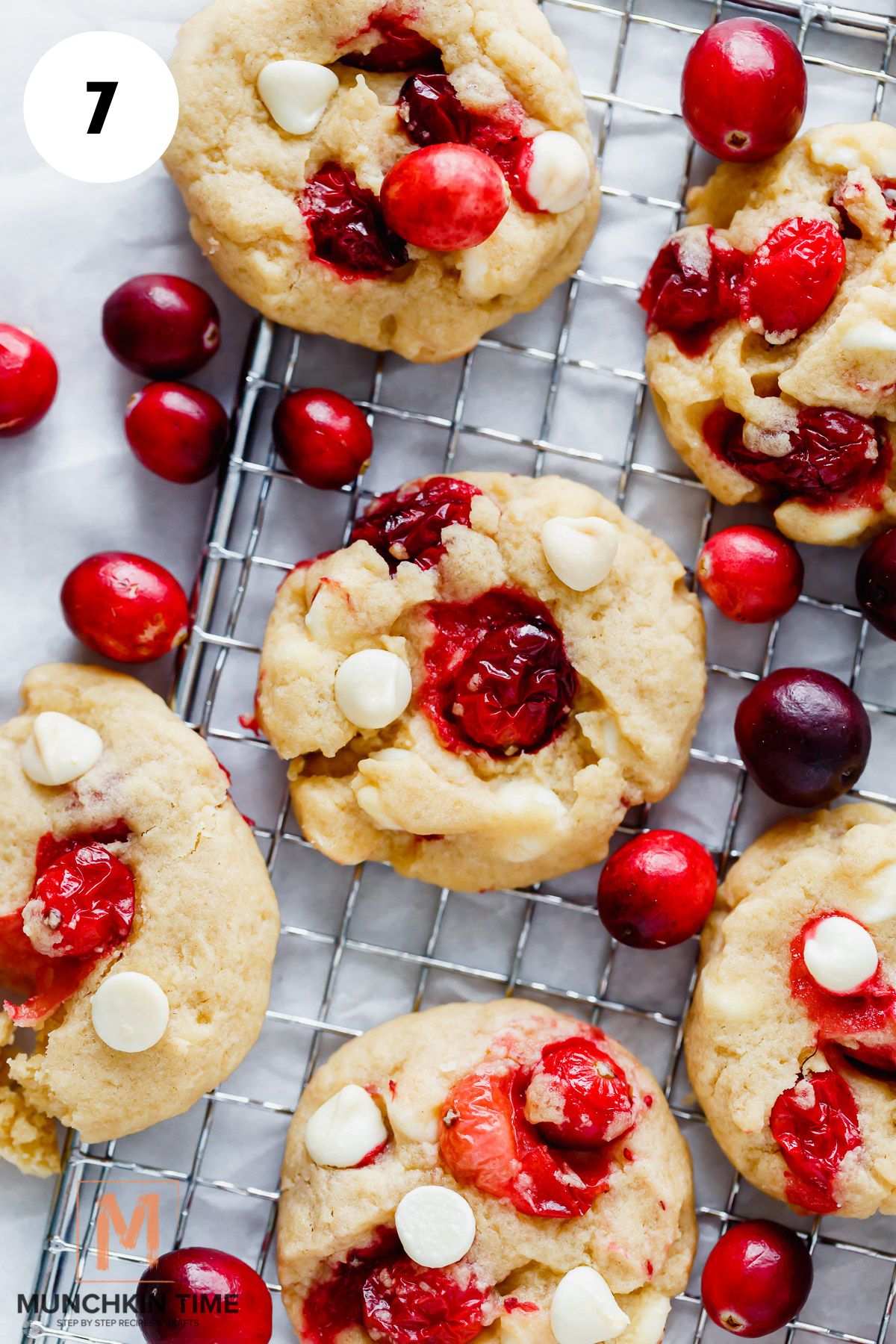 oven baked cranberry cookies with white chocolate chips and fresh cranberries.