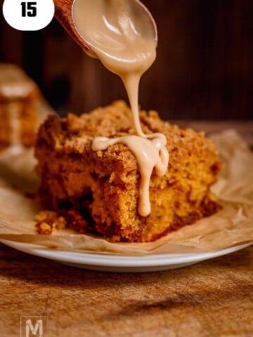 Cinnamon Coffee Cake with Streusel & Coffee Glaze pouring over the top.