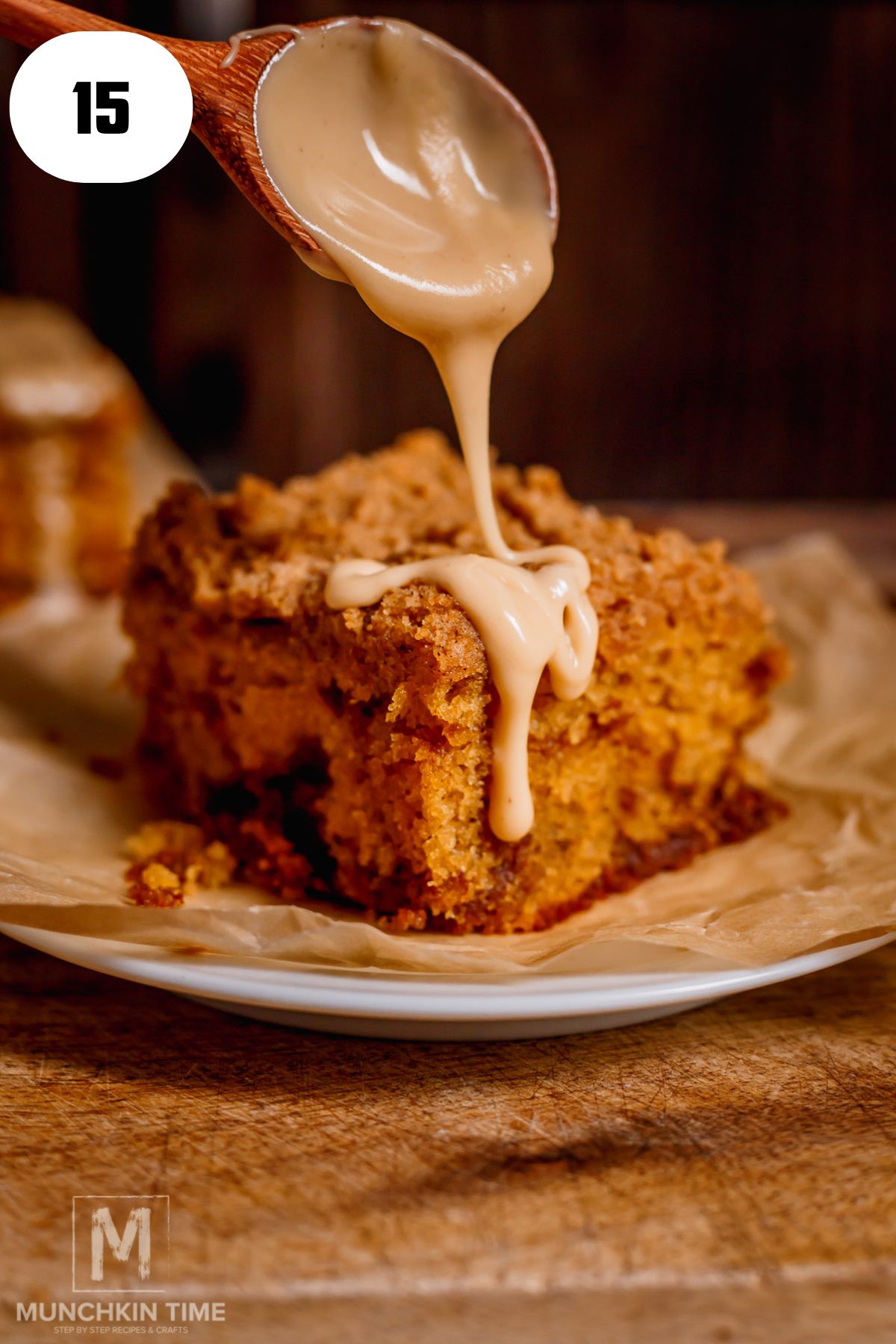 Cinnamon Coffee Cake with Streusel & Coffee Glaze pouring over the top.