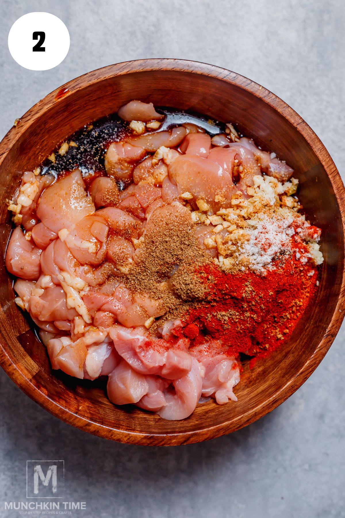 chicken and spices in a bowl.
