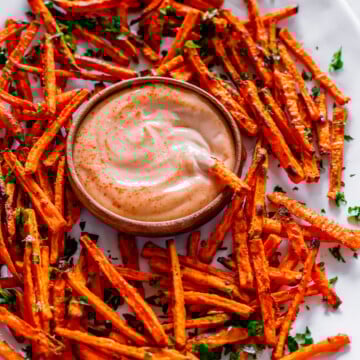 Crispy Oven Baked Sweet Potato Fries with dipping Sauce.