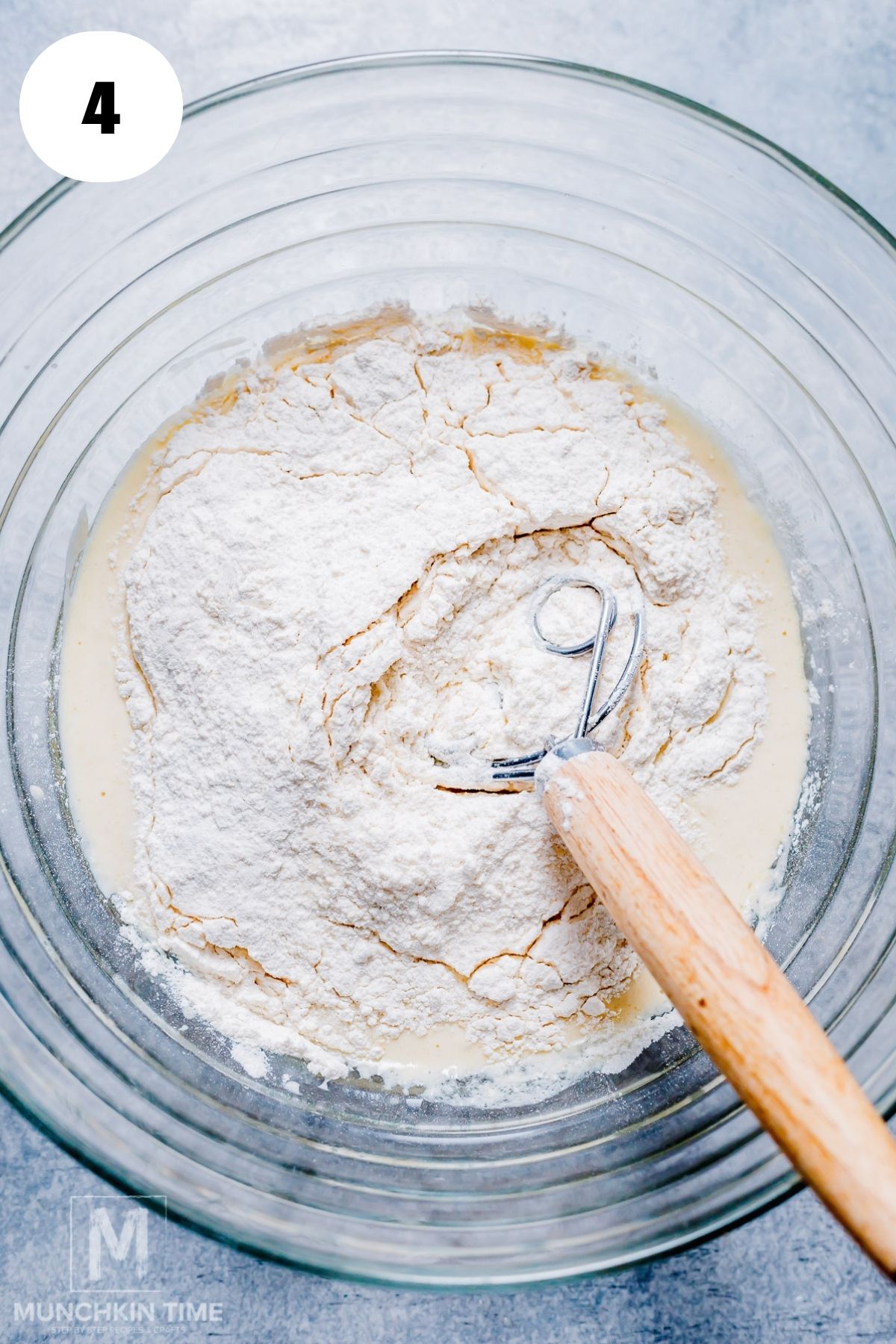 dry ingredients added to the bowl with wet ingredients.