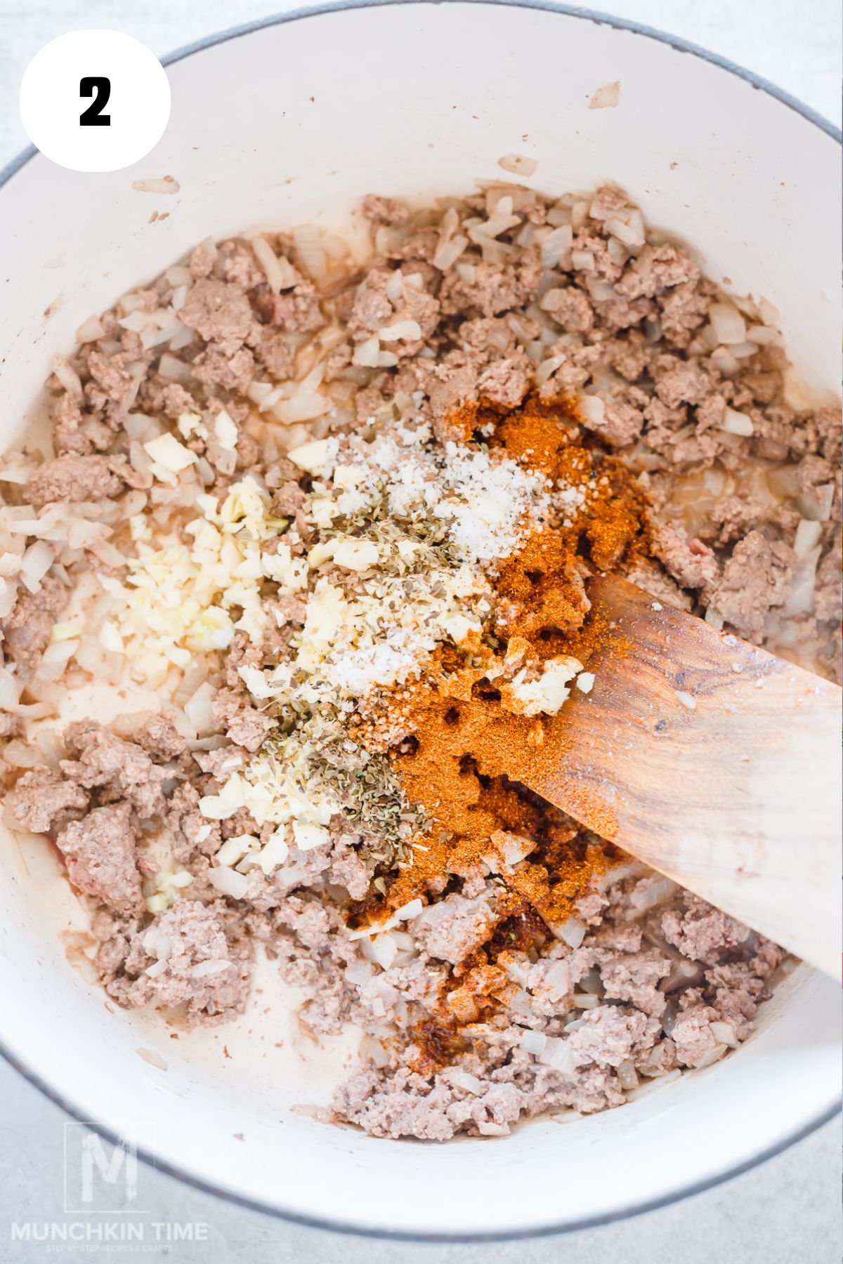 spices added to cooked ground beef with onion.