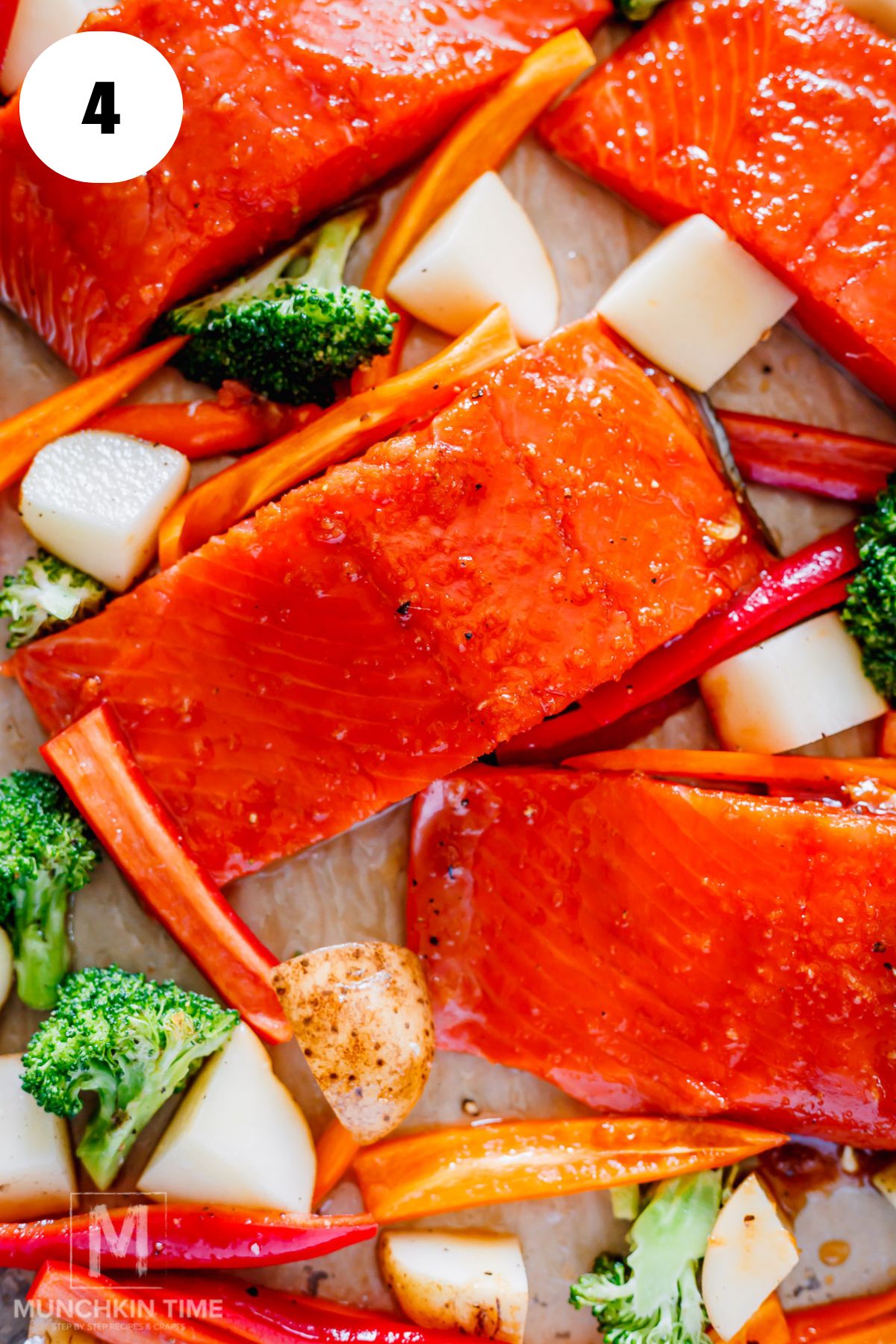 salmon brushed with honey garlic soy sauce sauce.