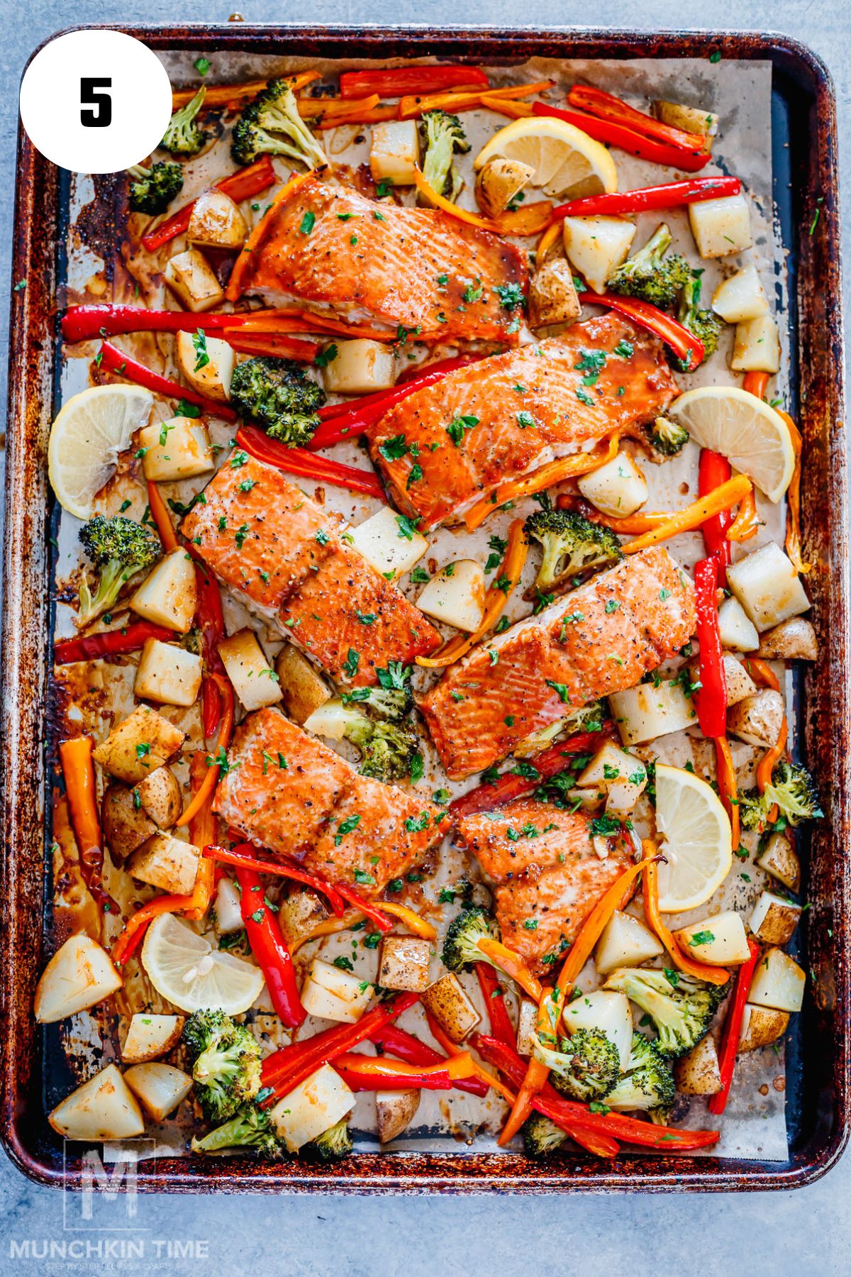 Oven baked Sheet Pan Salmon Dinner: Honey Garlic Salmon with Veggies done cooking.