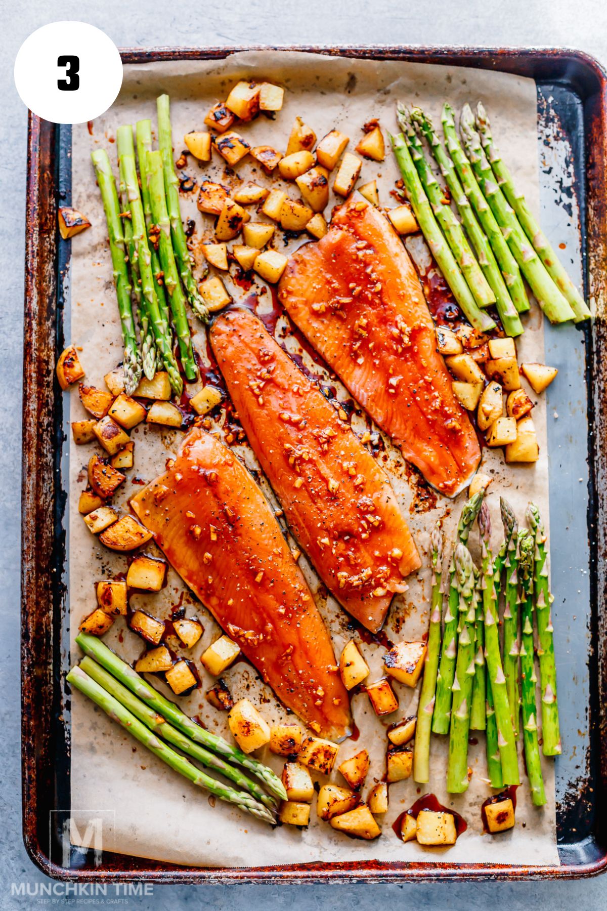 Trout and Asparagus added to the sheet pan with roasted potatoes.