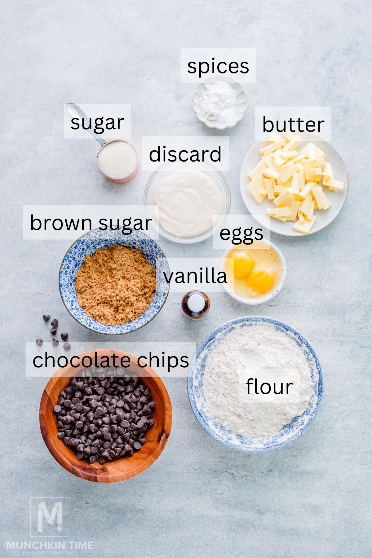 Top-down view of labeled baking ingredients in bowls, including flour, chocolate chips, brown sugar, butter, eggs, sugar, discard, vanilla, and spices on a light surface.