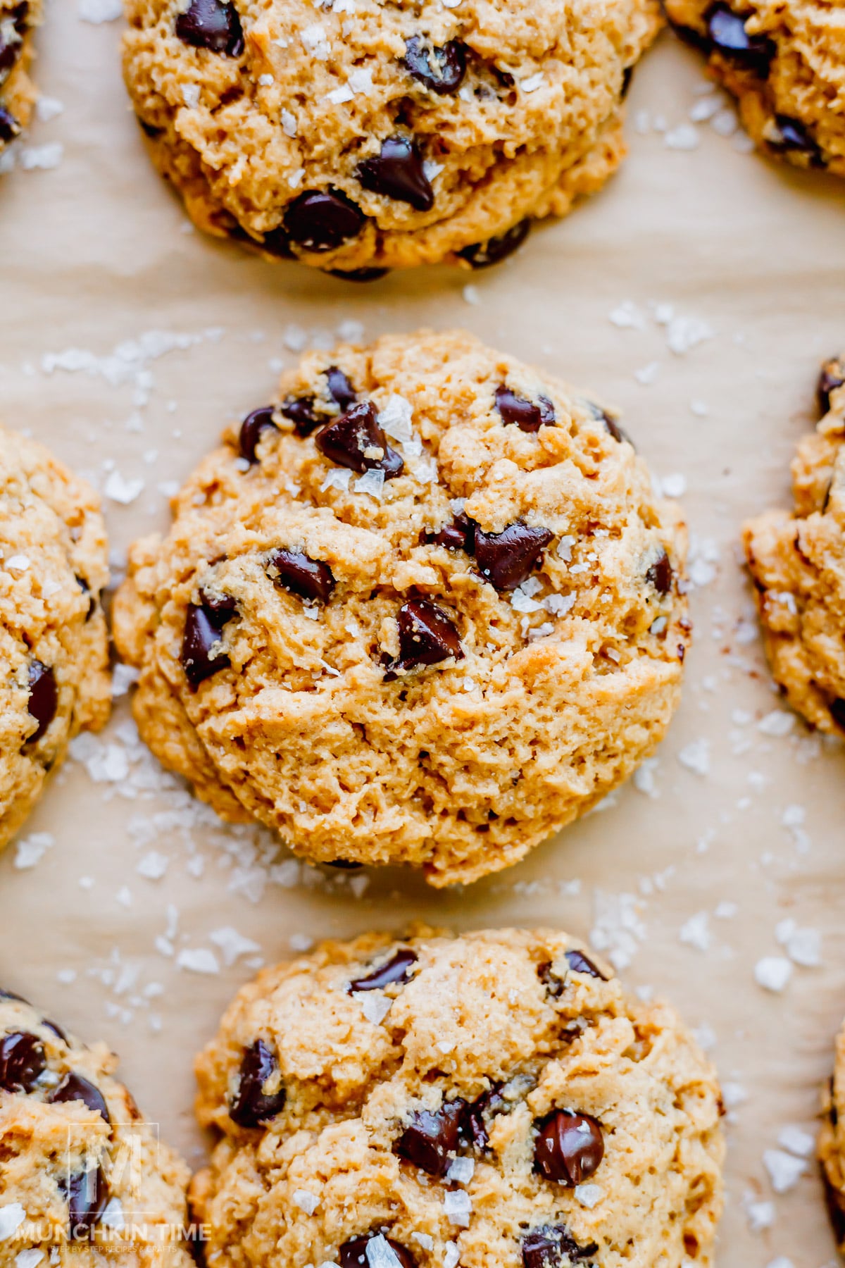 Close-up of several sourdough chocolate chip cookies topped with sea salt flakes, arranged on parchment paper.