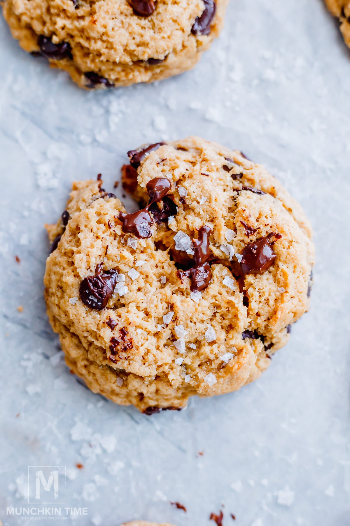 A close-up of a sourdough chocolate chip cookie topped with sea salt flakes on a light-colored surface.