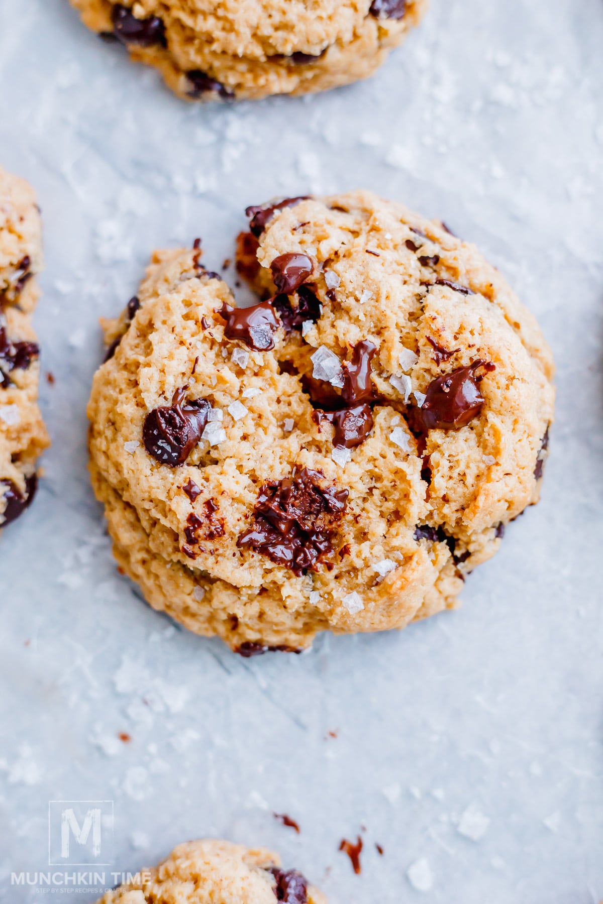 A close-up of a sourdough chocolate chip cookie with visible melted chocolate chunks and a sprinkle of sea salt on a light surface.