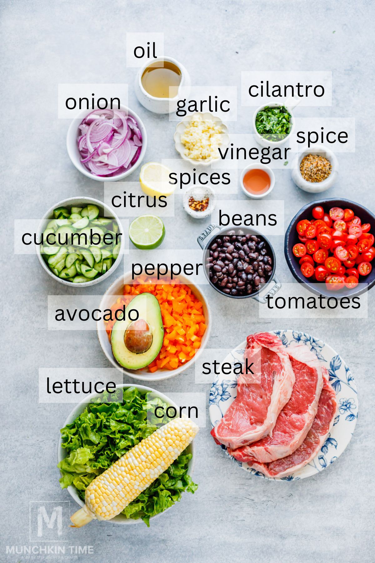 Various fresh ingredients for a steak salad are arranged on a table, including steak, vegetables, spices, beans, avocado, and oil, each labeled with its name.