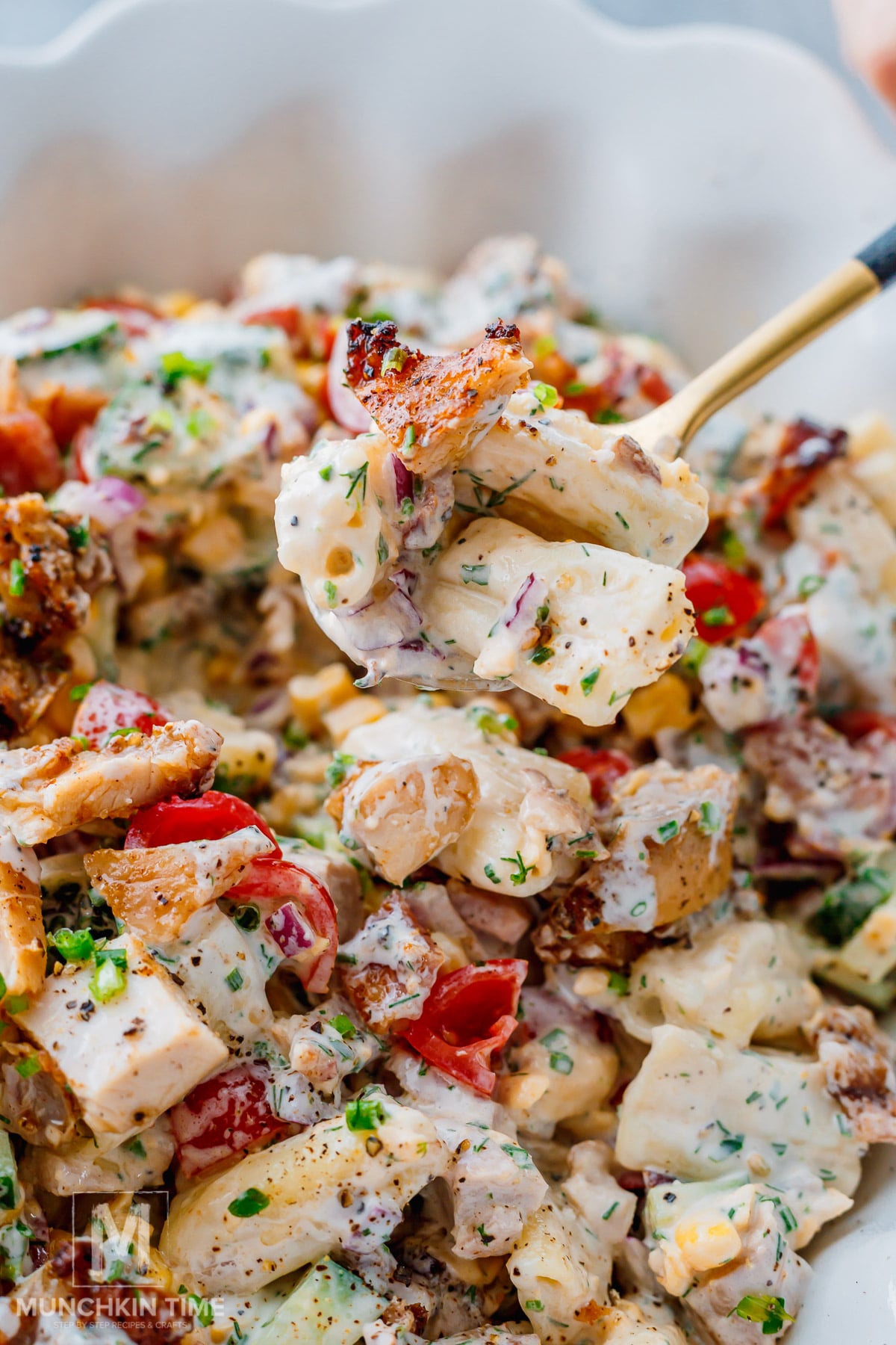 Cold Chicken Bacon Ranch Pasta Salad with crispy bacon, juicy chicken, and homemade ranch dressing.