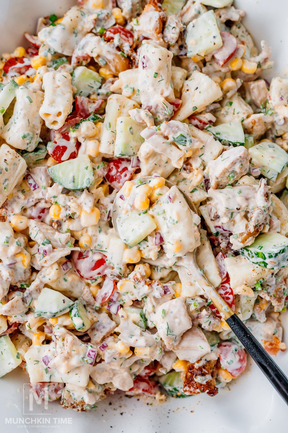 Chicken Bacon Pasta Salad in a serving bowl for picnics, cookouts, and family dinners.