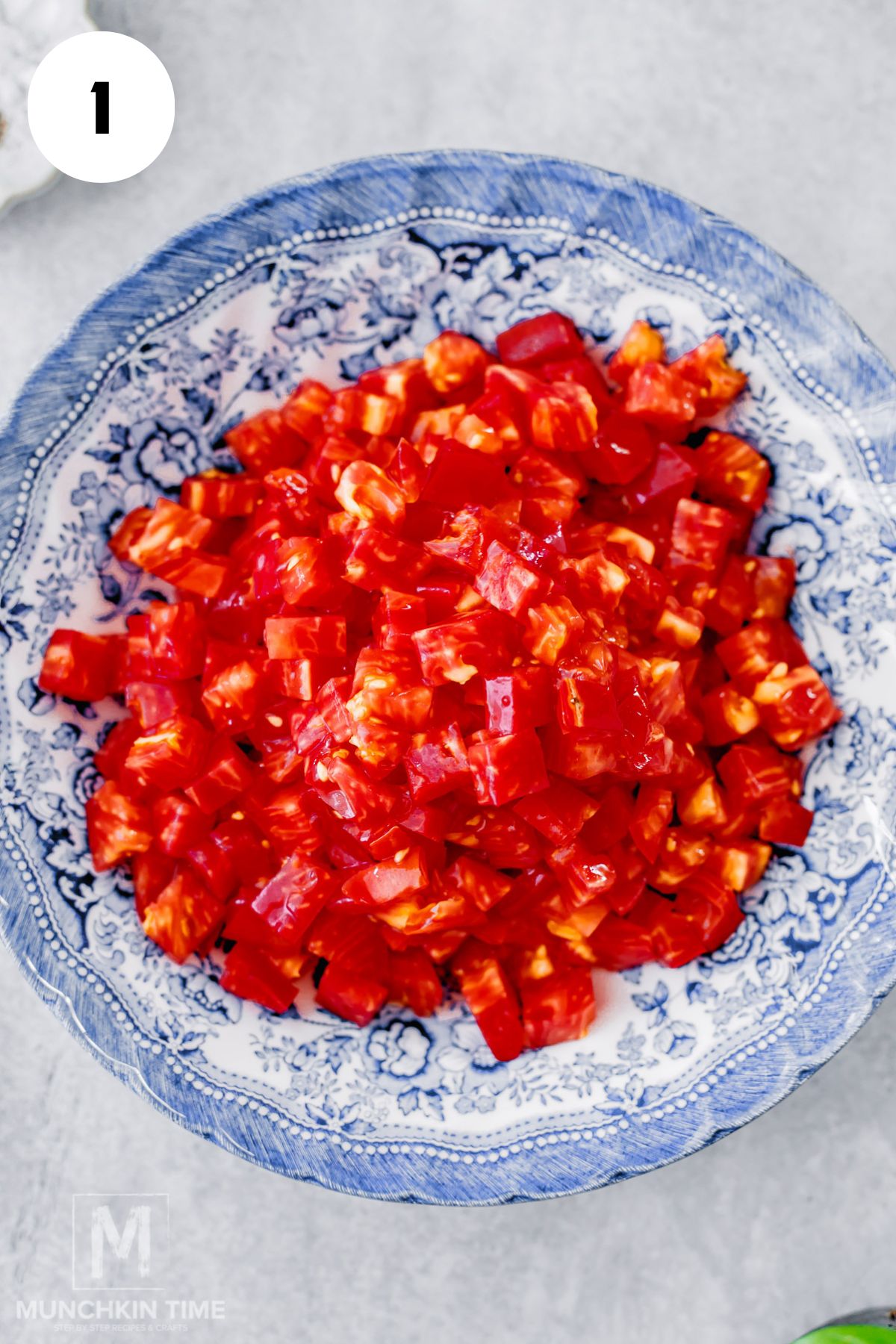 Heirloom tomatoes diced into small pieces for bruschetta.