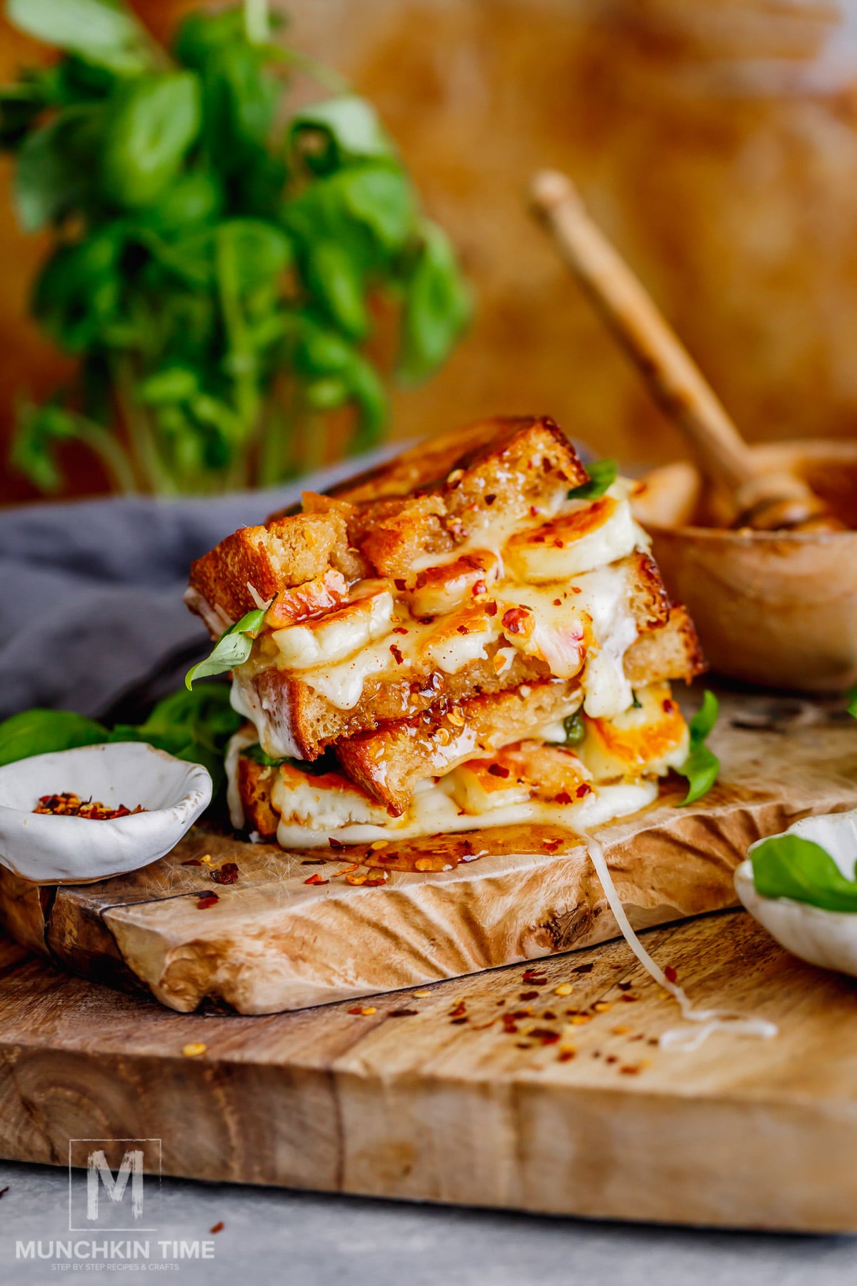 Hot honey halloumi grilled cheese with crispy sourdough and melted mozzarella.