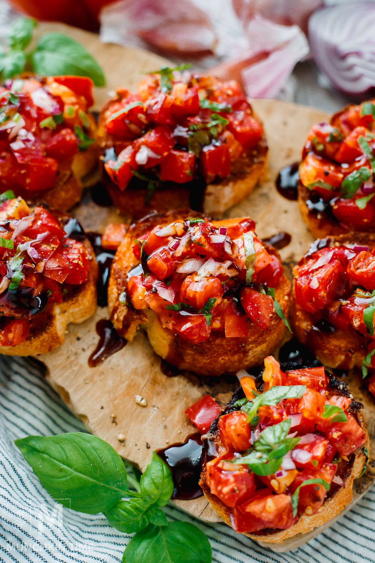 Homemade heirloom tomato bruschetta served as an easy appetizer.