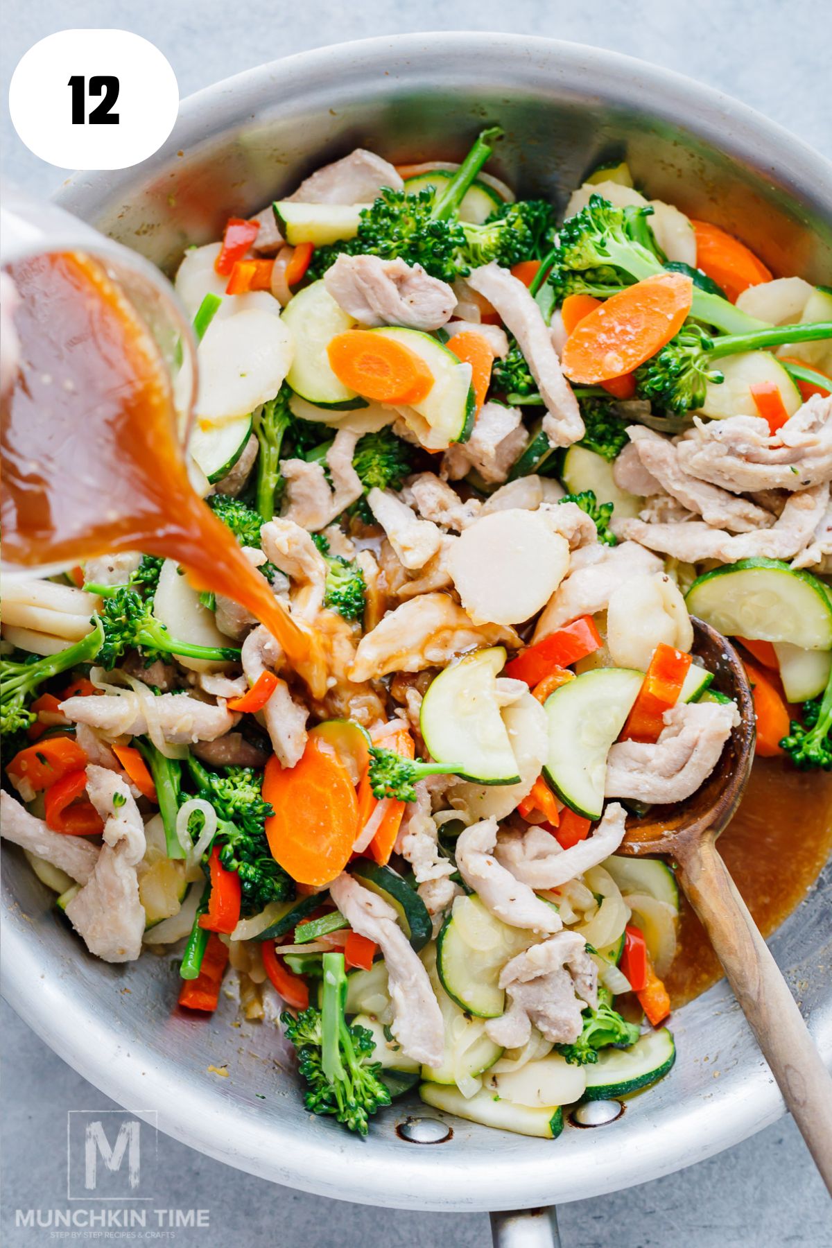 Thick lo mein sauce coating chicken and vegetables in a skillet.