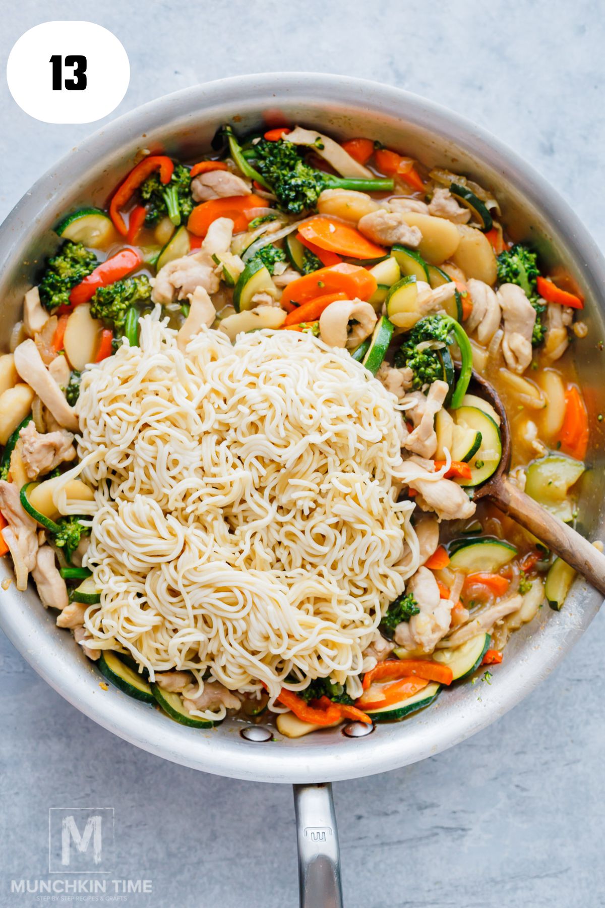 Adding cooked noodles to chicken and vegetables for easy chicken lo mein.