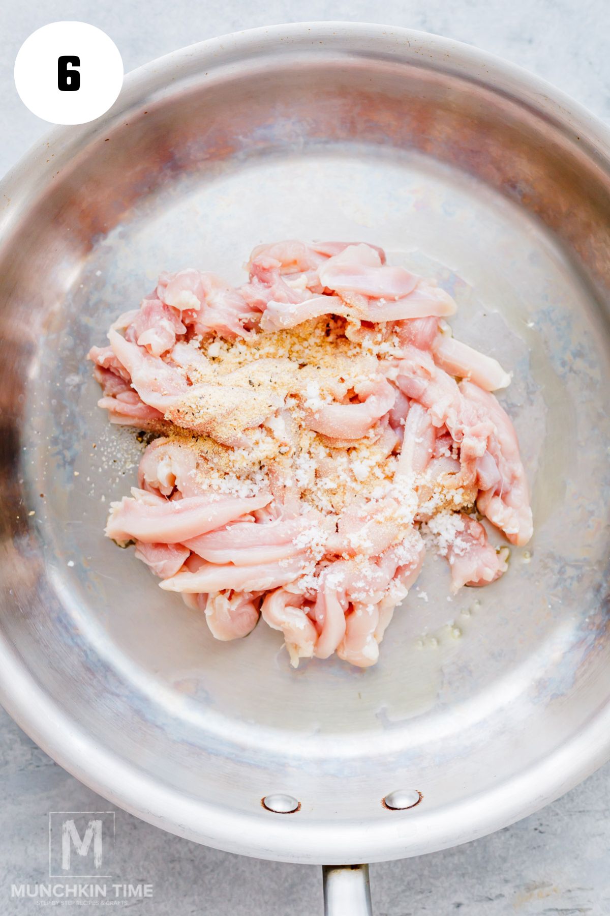 chicken thighs slices seasoned with spices with the hot skillet.