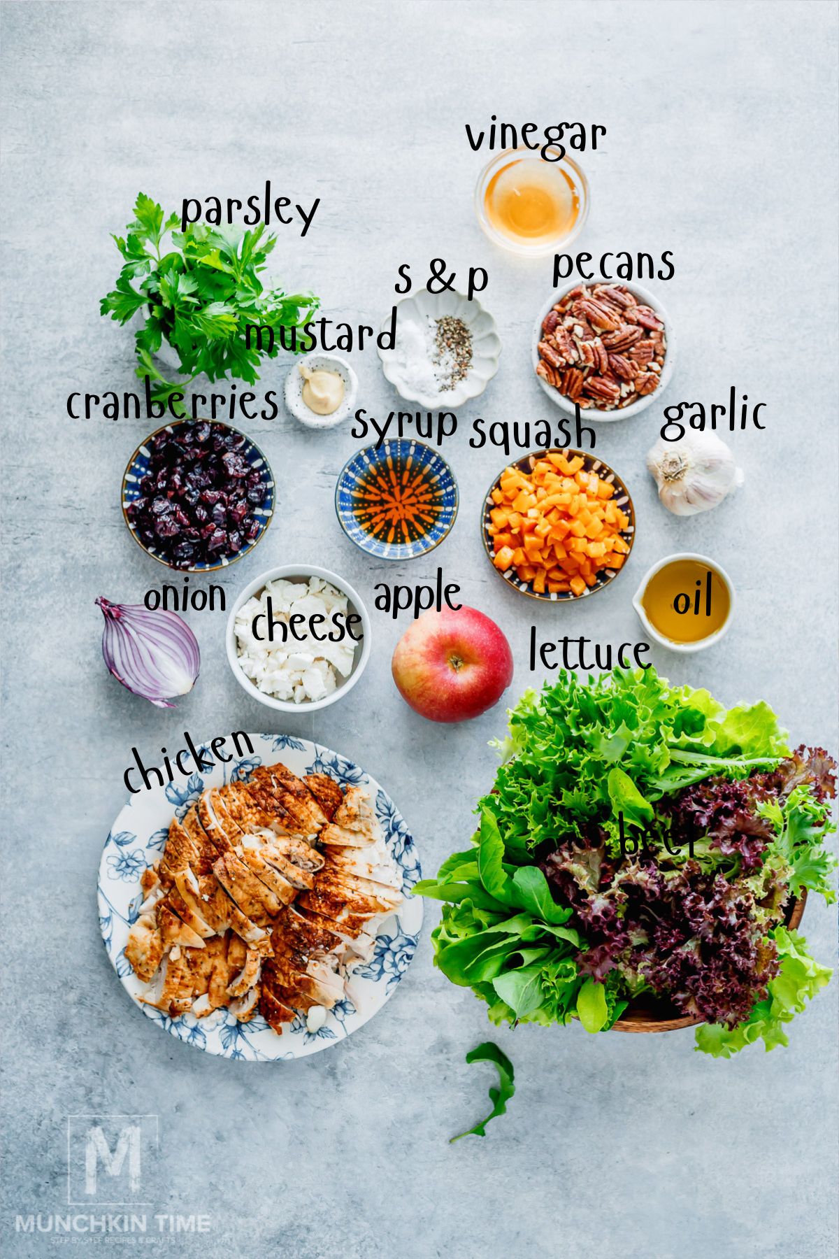 Harvest salad ingredients with chicken, apples, goat cheese, pecans, cranberries and butternut squash.
