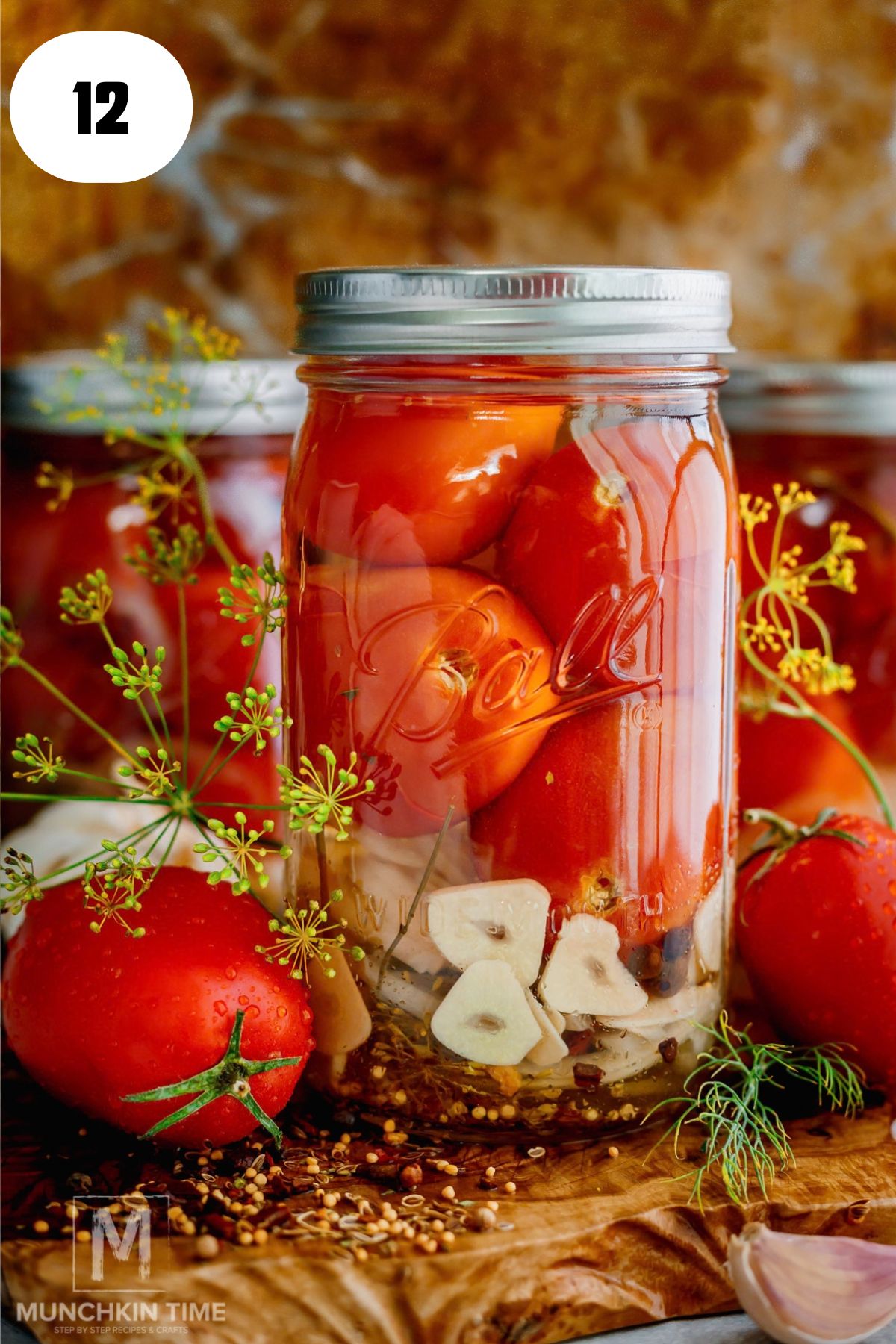Close-up of Roma tomatoes pickled with garlic dill onion and spices.