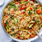 Easy chicken lo mein with noodles, chicken, vegetables and sesame seeds.