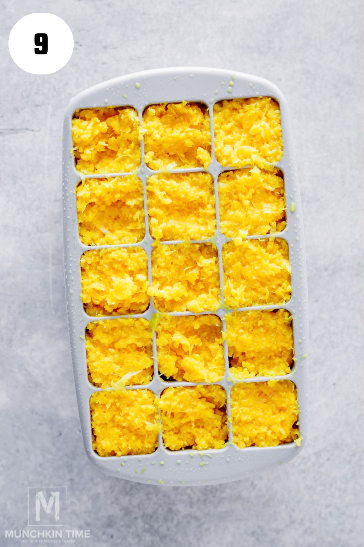 Lemon ginger pulp portioned into an ice cube tray for freezing