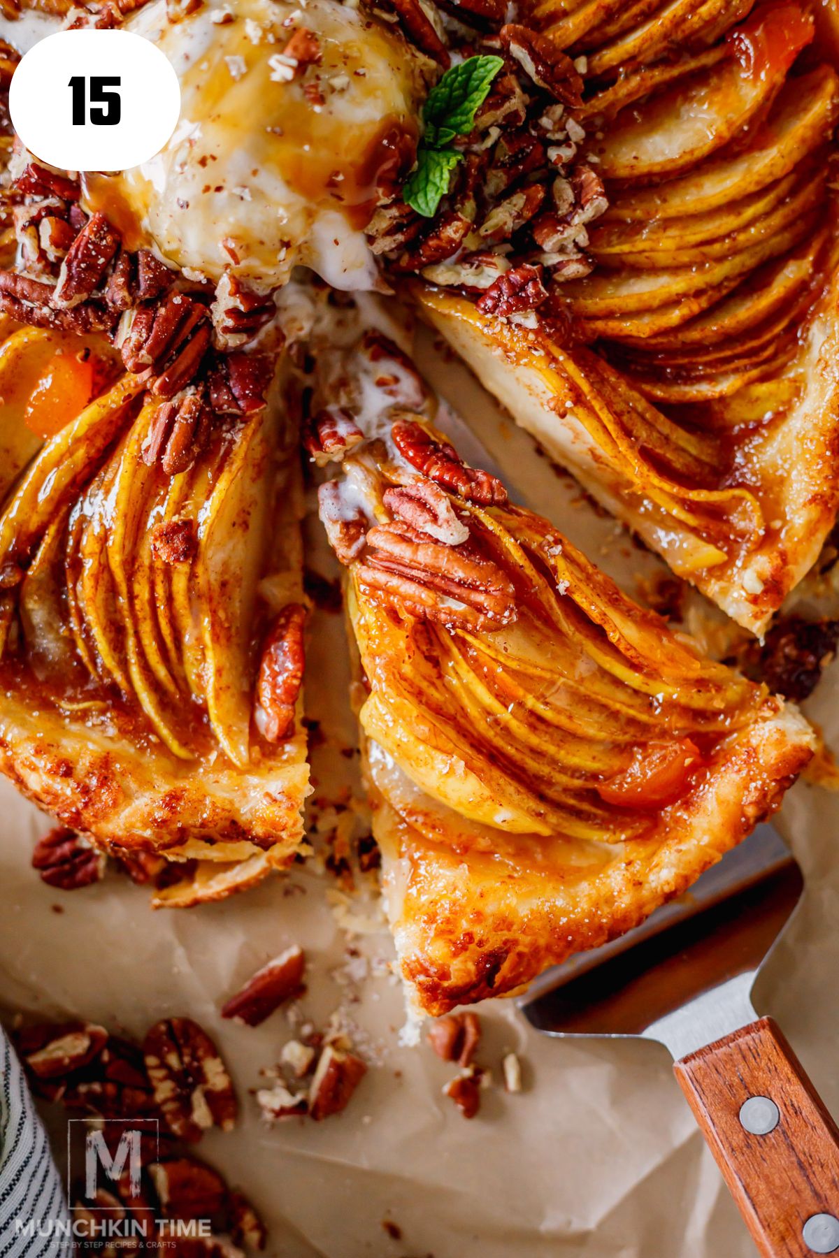 Pear galette with puff pastry served with vanilla bean ice cream, caramel drizzle, and crunchy pecans.