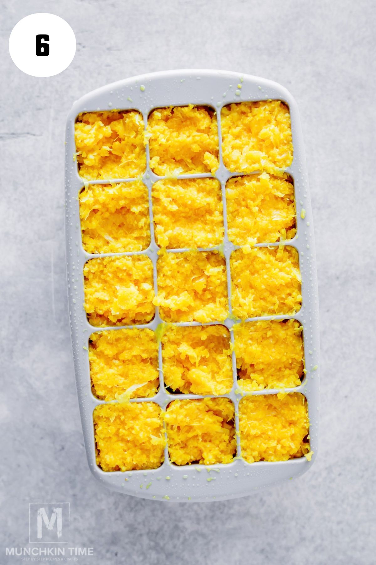 Lemon ginger pulp portioned into an ice cube tray for freezing