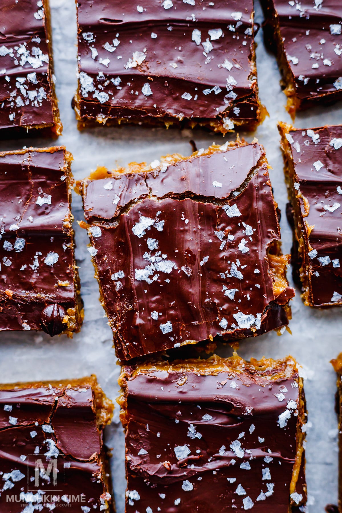 No-bake cookie dough protein bars with date caramel and dark chocolate topping