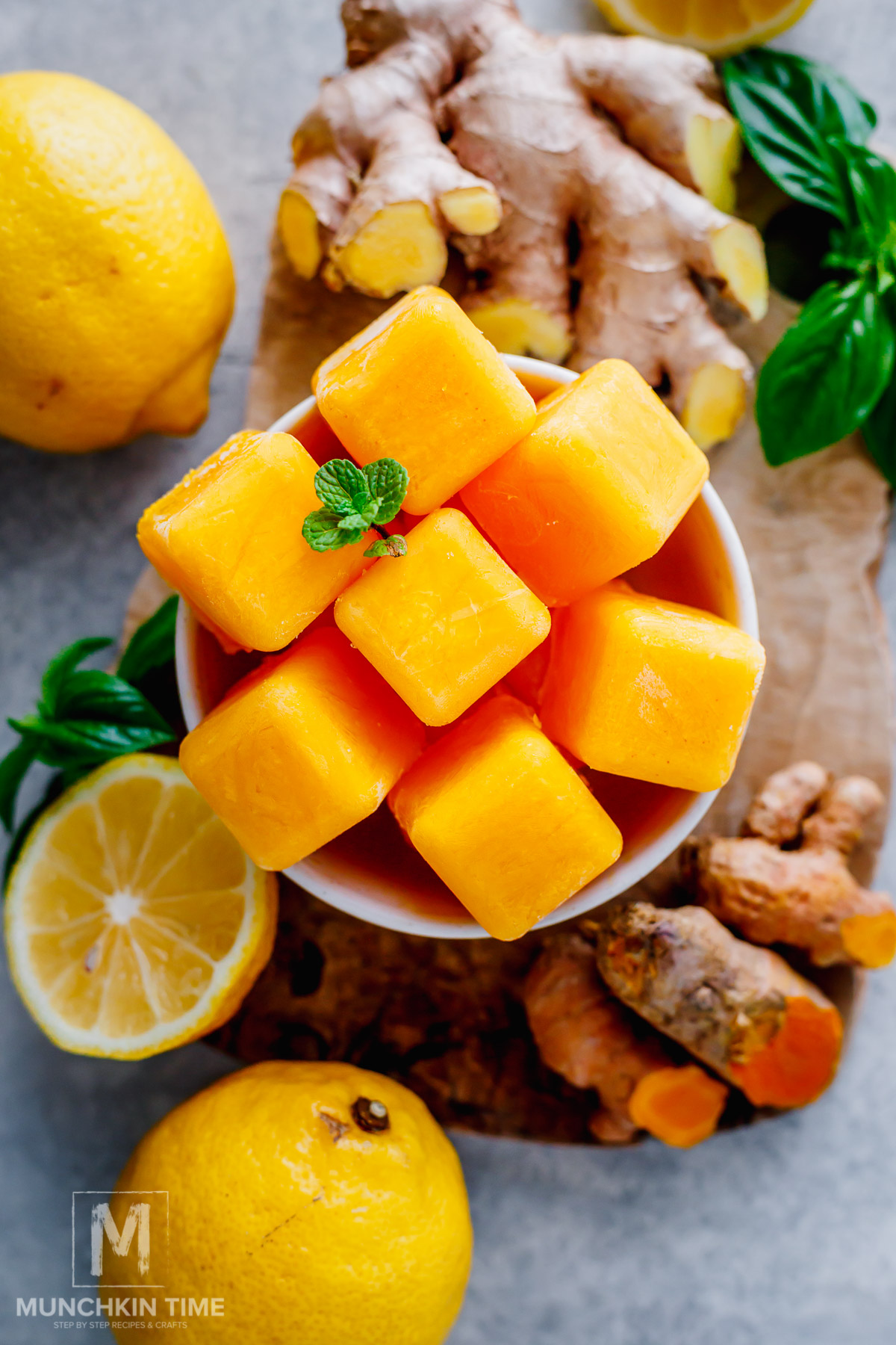 Lemon ginger ice cubes with fresh lemon, ginger and turmeric